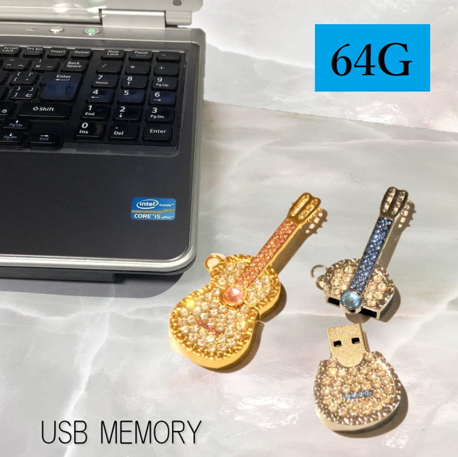 バイオリン USBメモリ 64G キラキラ ストーン 可愛い おしゃれ プレゼント USB 写真 画像 動画 保存 pc パソコン メモリーカード ネック
