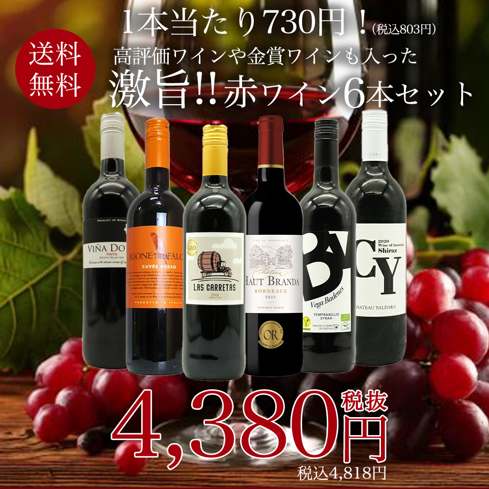 【送料無料】玉手箱厳選！高評価ワインや金賞ワインも入った激旨赤6本セット ワインセット