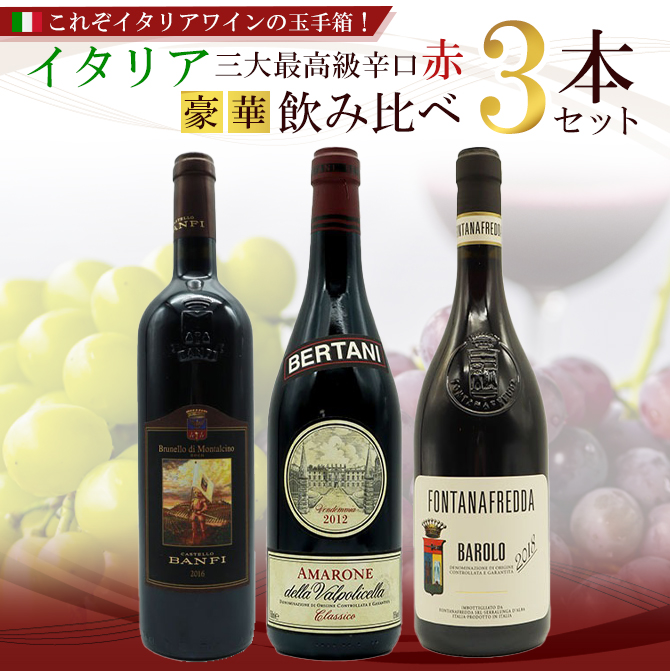 【送料無料】これぞイタリアワインの玉手箱！イタリア三大最高級辛口赤ワイン豪華飲み比べ3本セット！名門ワイナリー探訪スペシャル セット ワインセット