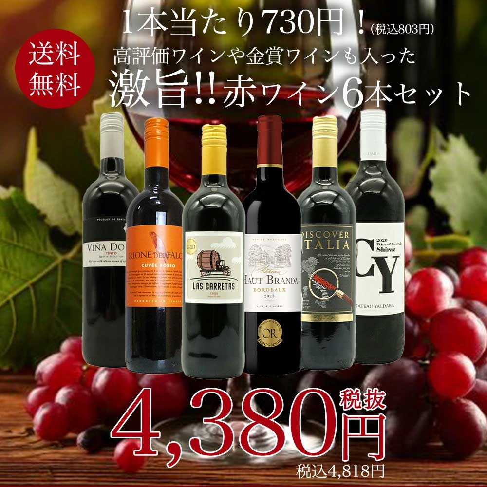 【送料無料】玉手箱厳選！高評価ワインや金賞ワインも入った激旨赤6本セット ワインセット