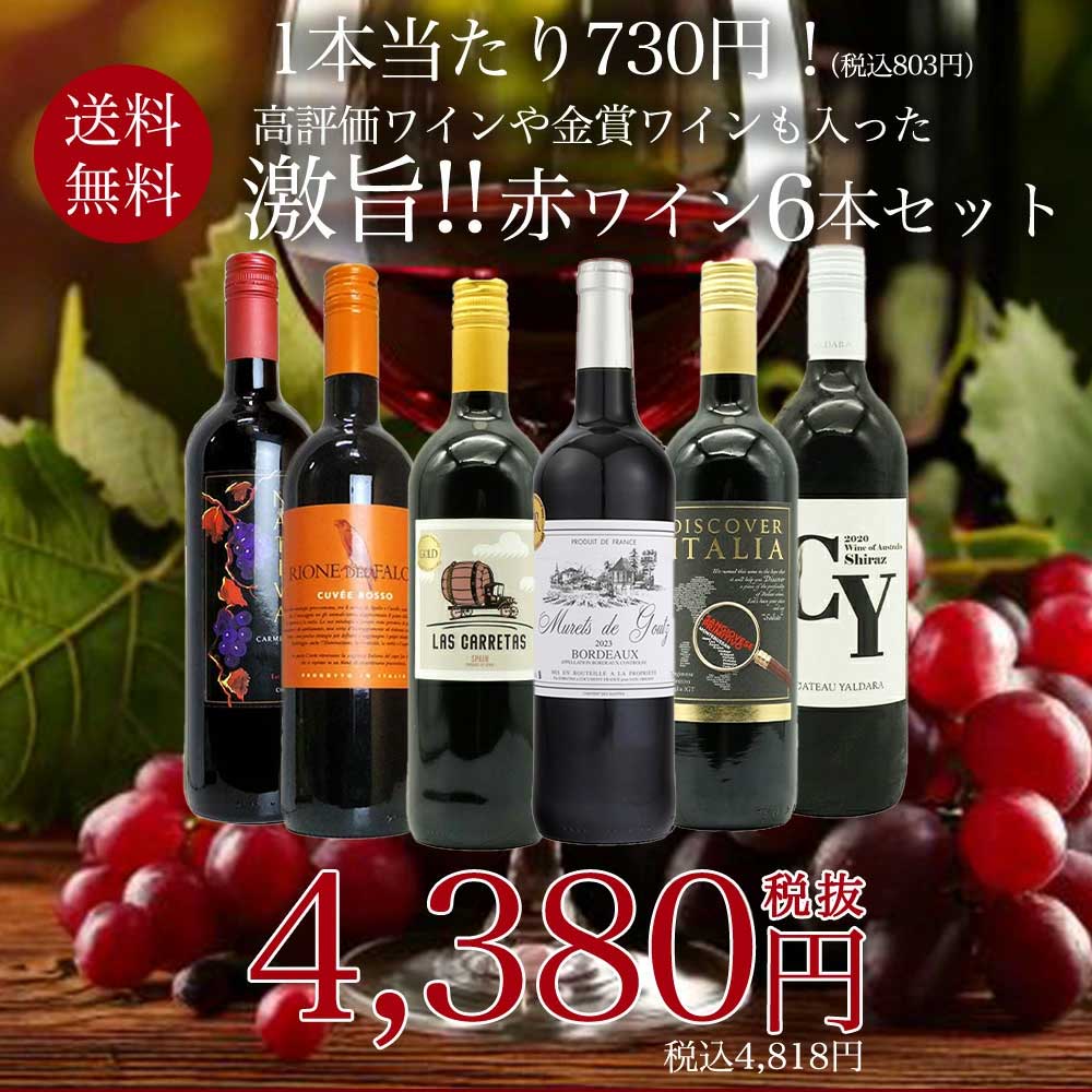 【送料無料】玉手箱厳選！高評価ワインや金賞ワインも入った激旨赤6本セット ワインセット