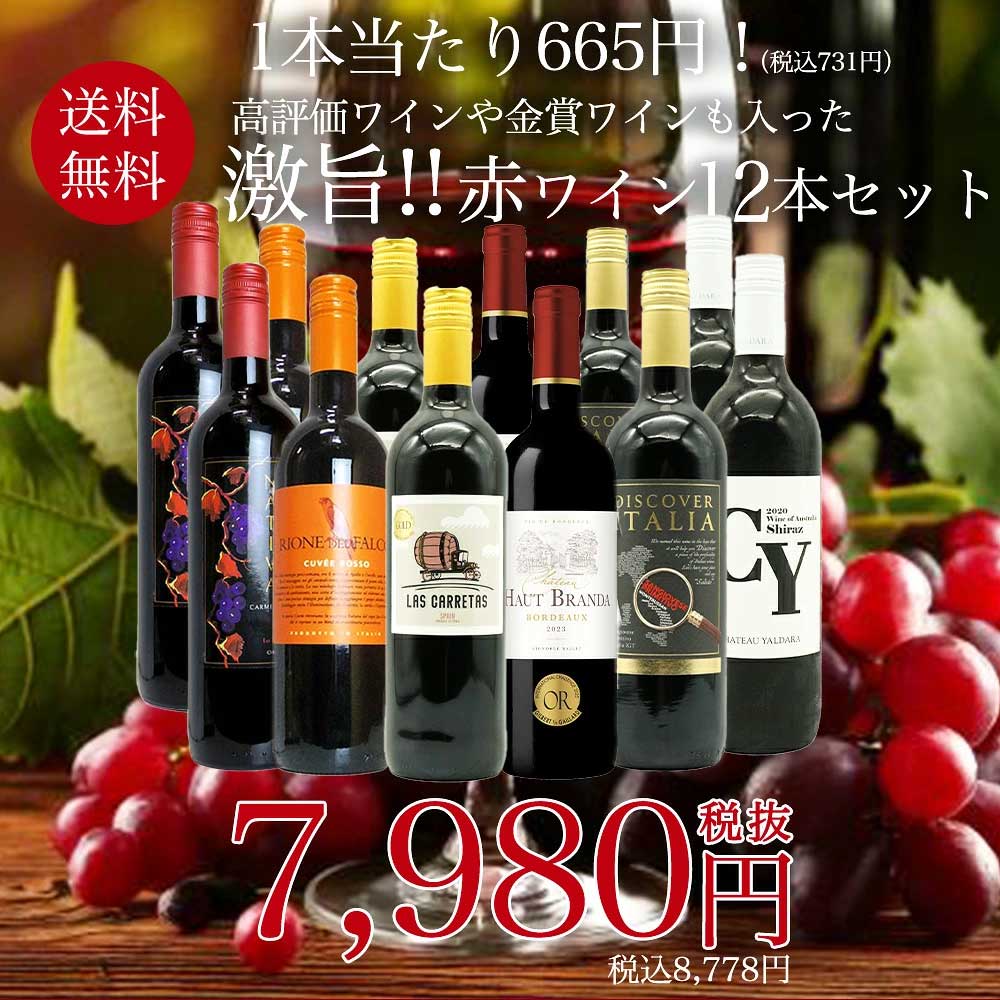 【送料無料】玉手箱厳選！高評価ワインや金賞ワインも入った激旨赤12本セット ワインセット (6種類×各2本)