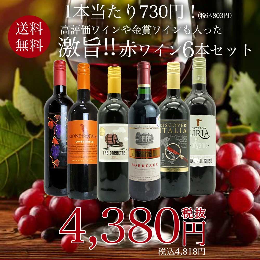 【送料無料】玉手箱厳選！高評価ワインや金賞ワインも入った激旨赤6本セット ワインセット