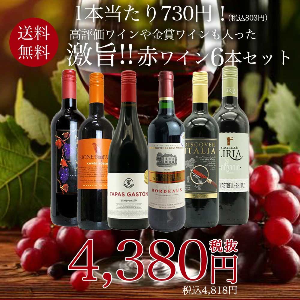 【送料無料】玉手箱厳選！高評価ワインや金賞ワインも入った激旨赤6本セット ワインセット