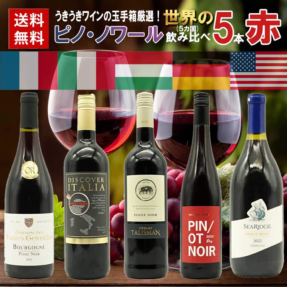 【送料無料】 うきうきワインの玉手箱厳選!世界のピノ ノワール (5カ国) 飲み比べ5本赤ワインセット ワイン ワインセット