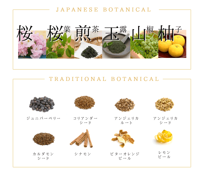 ジャパニーズクラフトジン「ROKU」は、日本ならではの6種のボタニカル（桜花、桜葉、煎茶、玉露、山椒、柚子）と伝統的なジンの8種のボタニカルを使用